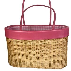 VTG Cleaver Carriage Company Wicker Straw Tote Pink Leather Purse Draw String